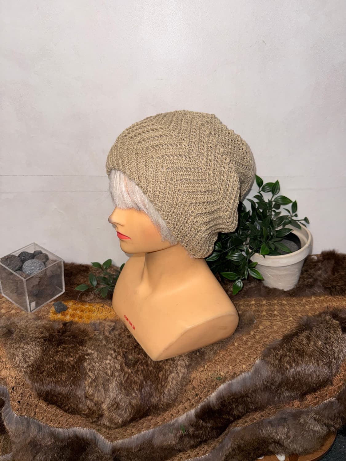Beige loose net knit beanie  상품이미지1