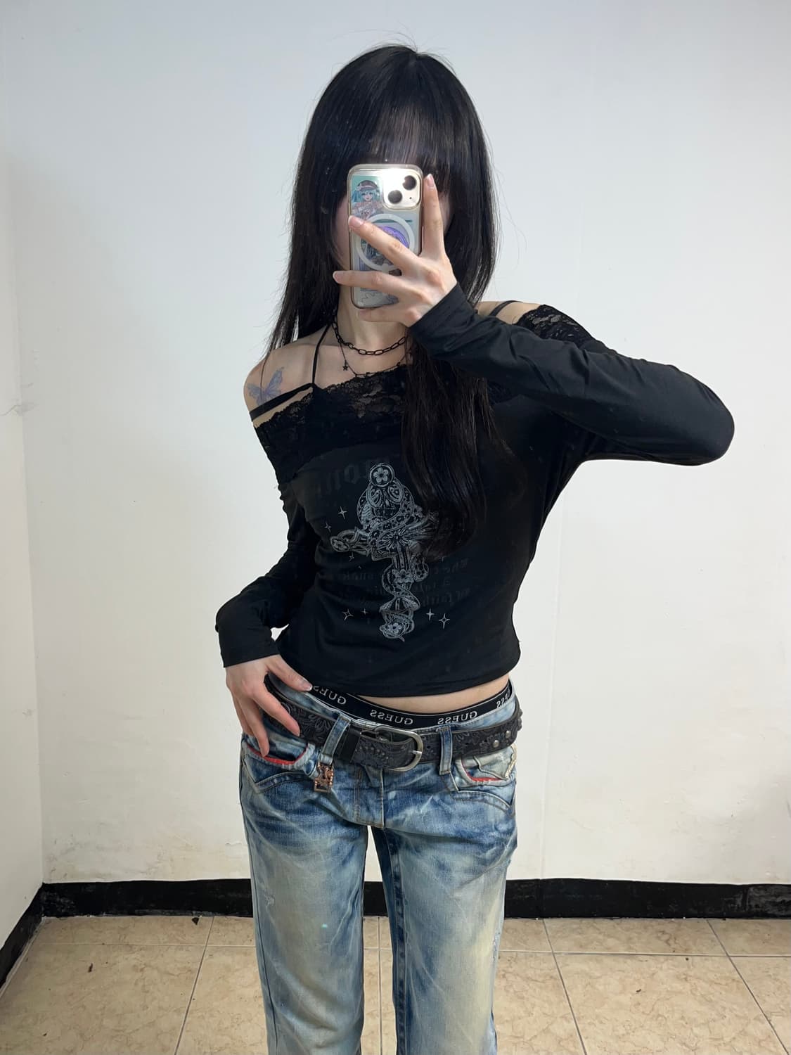 고딕 펑크 오프숄더 탑 상품이미지1