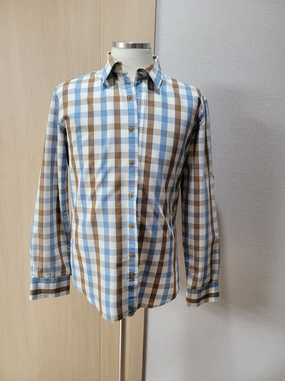 스파오 SPAO 남자 롤업 체크 셔츠 100 블루 상품이미지1