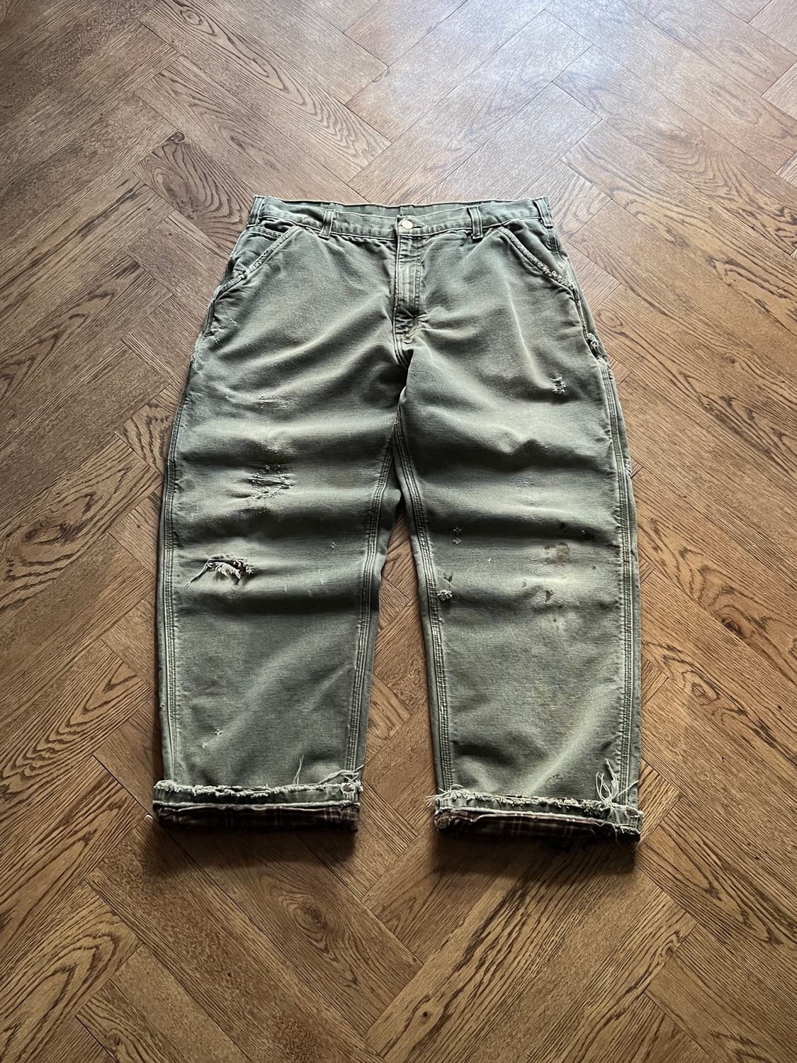 [36]칼하트 USA 체크라이닝 모스그린 데미지드 싱글니 워크팬츠 M12 상품이미지1