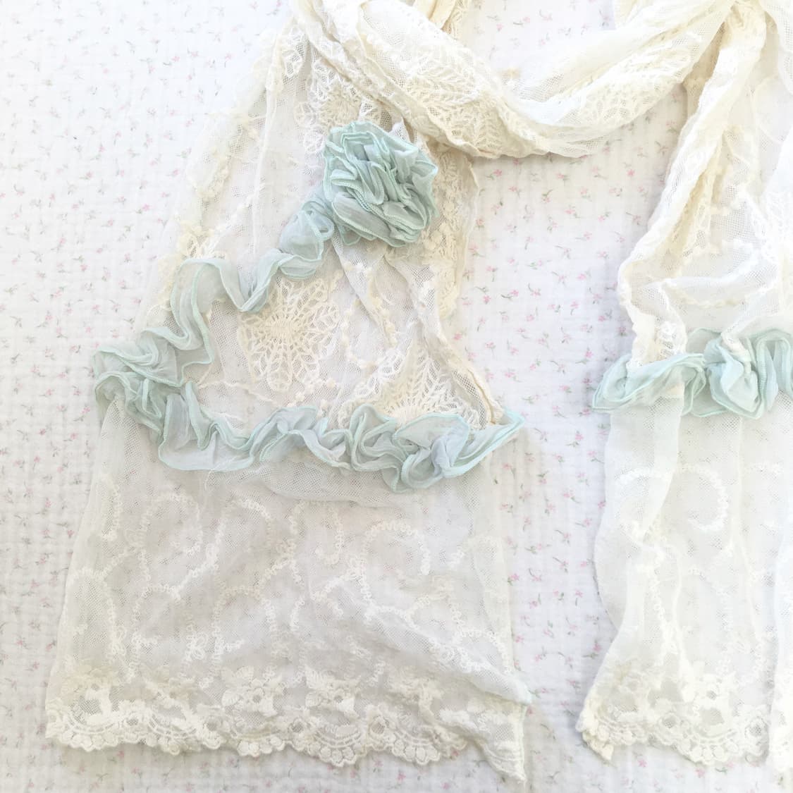 JPN/ 오리엔탈스카프 모리걸스카프 레이스 숄 아이보리 민트 장식  상품이미지2