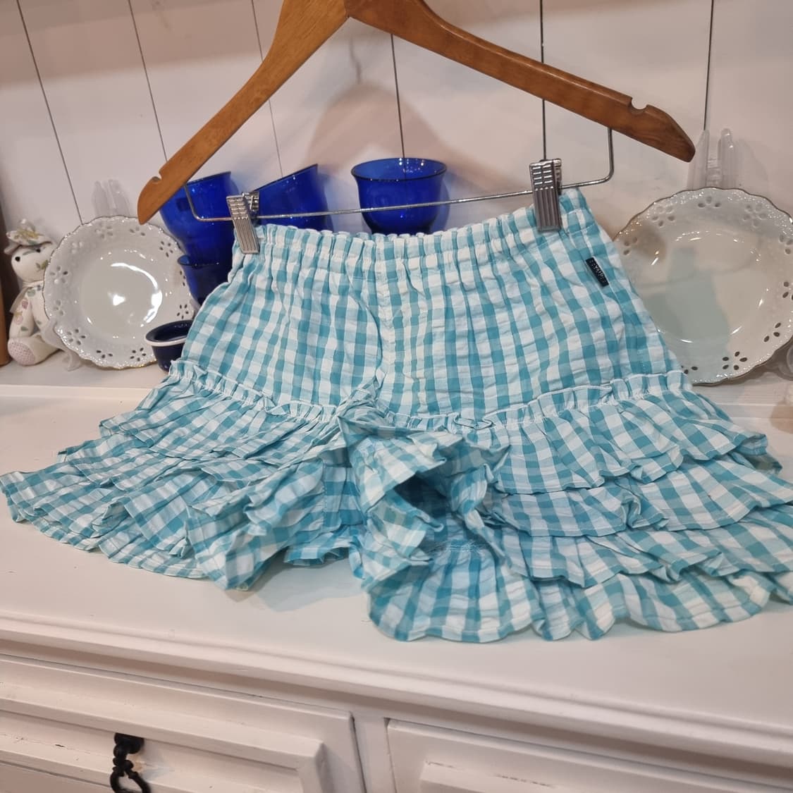 하늘색 깅엄체크 프릴 바지 상품이미지3