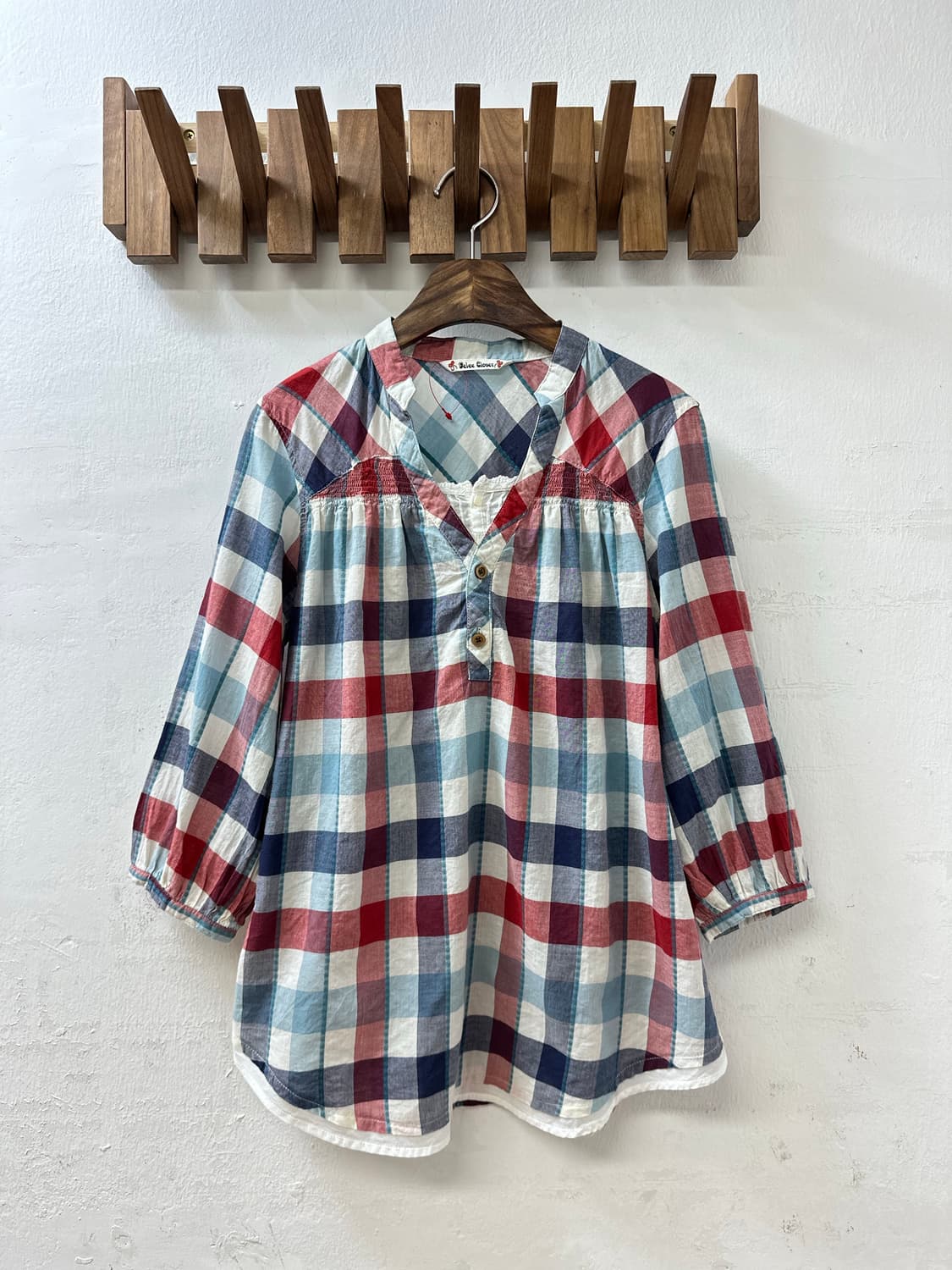 일본빈티지 코튼100 멀티 체크 셔링 디테일 7부 블라우스 티셔츠 상품이미지1