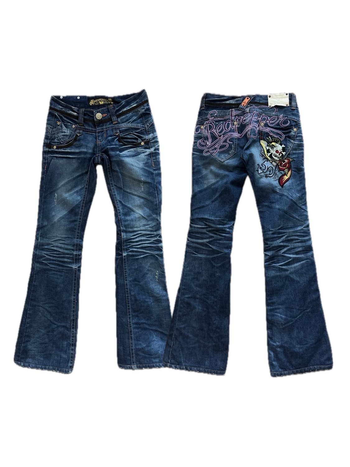 레드페퍼 해골 백패치 로우라이즈 부츠컷 데님팬츠 y2k 펑크 상품이미지1