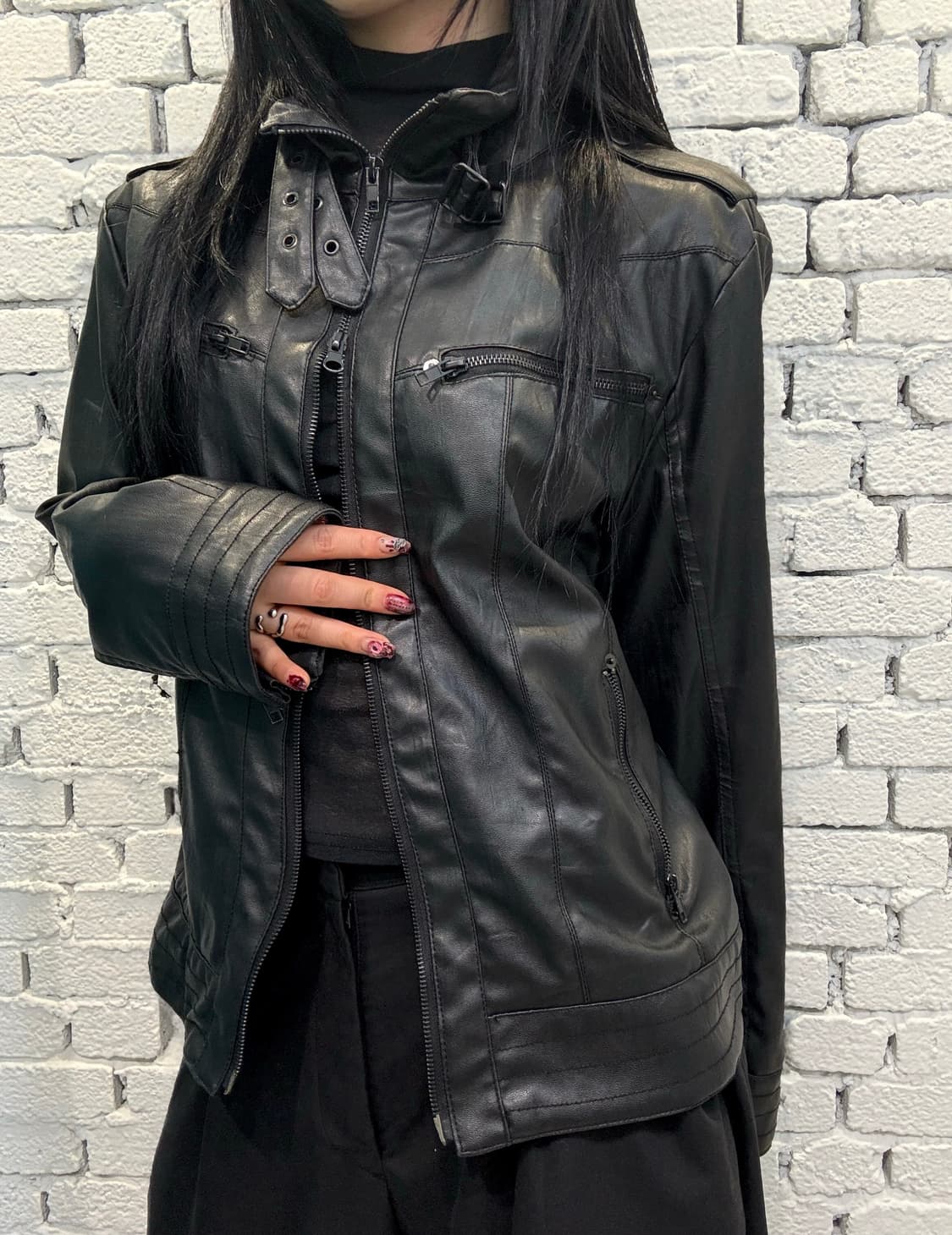 Buckle-Neck Vegan Leather Rider Jacket 상품이미지2
