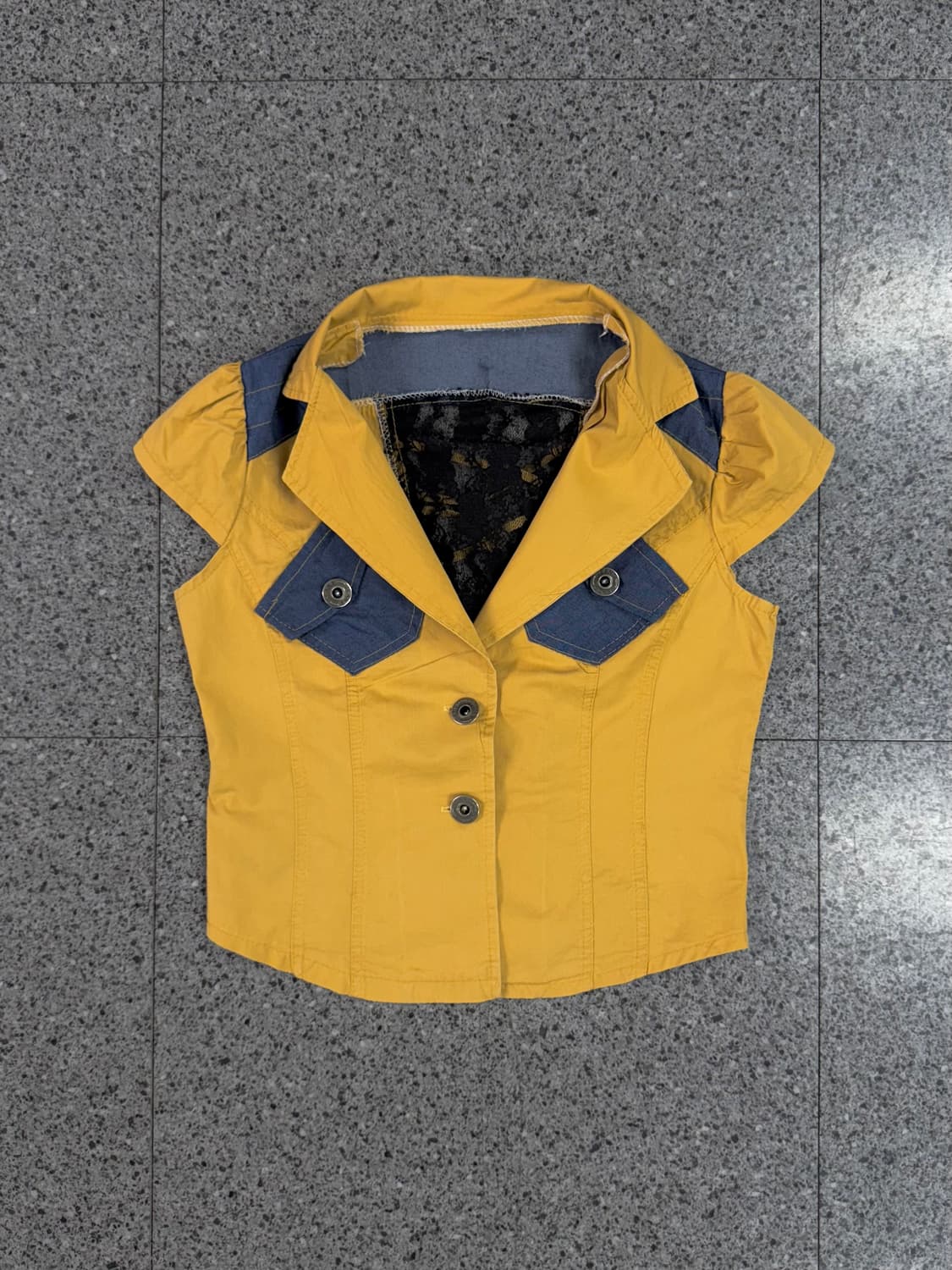 vintage yellow denim trim lace back vest 상품이미지1