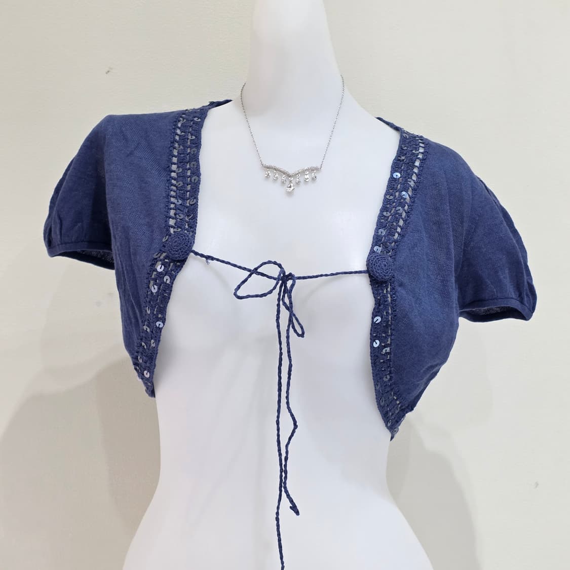 일본빈티지)네이비 니트짜임 스팽글 하구미모리걸 크롭숏가디건 볼레로 상품이미지2