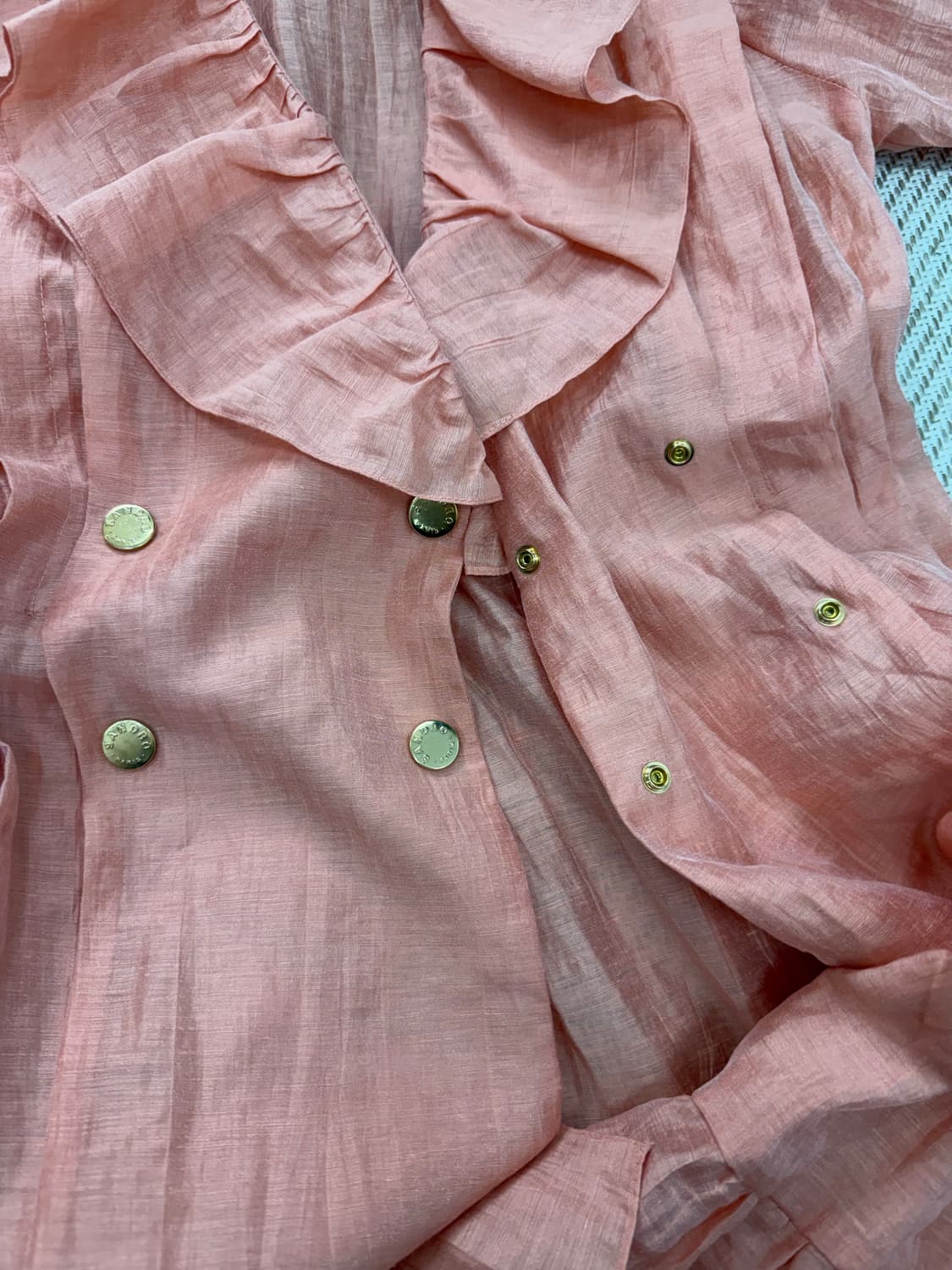 정품) 산드로 여성 프릴 핑크 원피스 셔링 퍼프 블라우스 36 상품이미지5