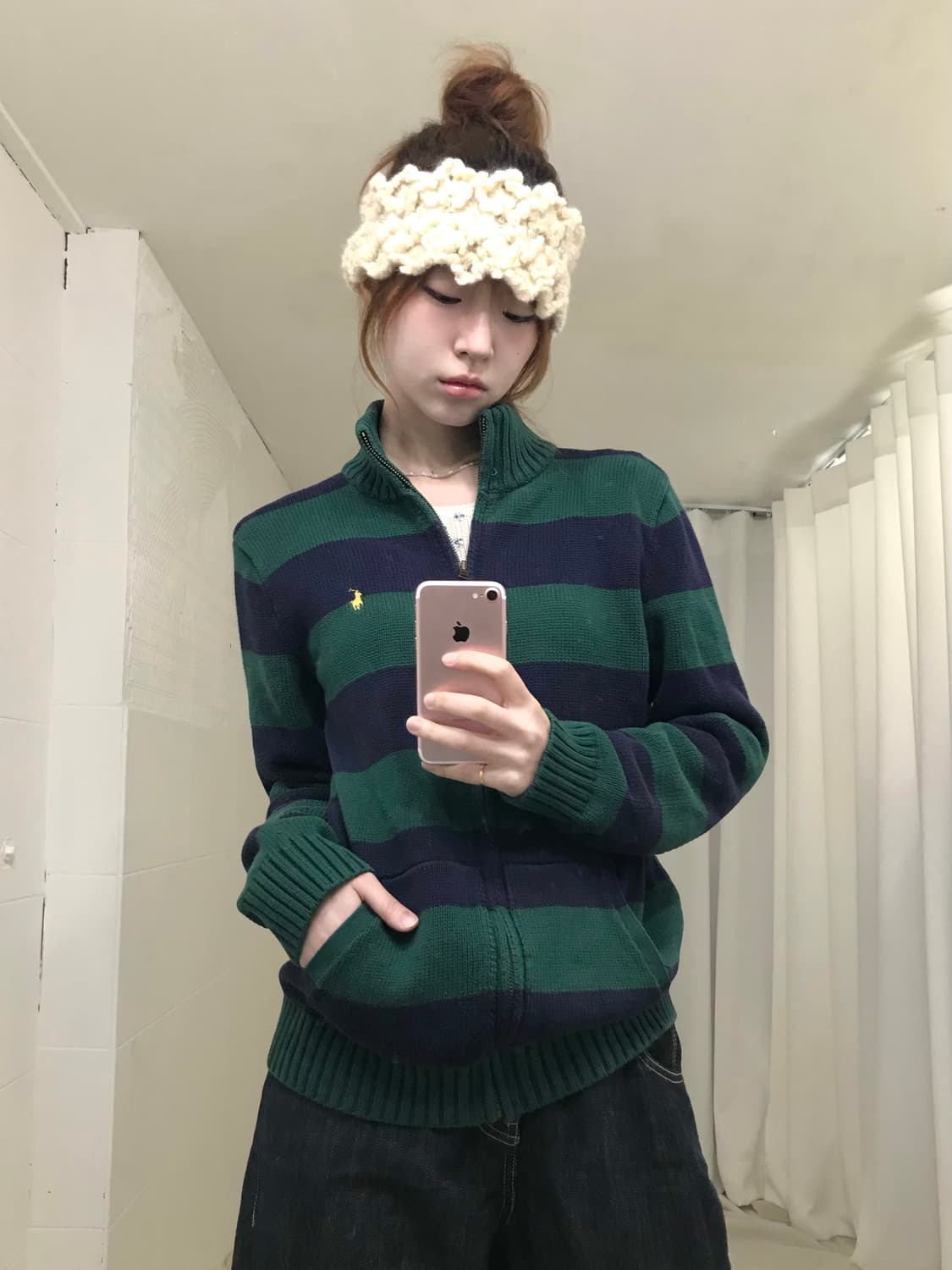 폴로 네이비 그린 단가라 니트 집업 상품이미지2