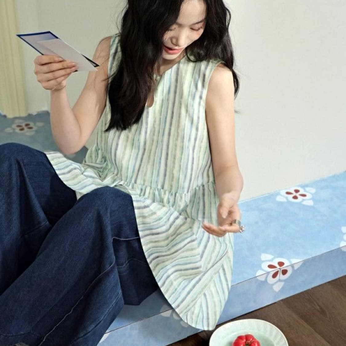 쿠오세(KUOSE) 스트라이프 플레어 블라우스 55-66 새상품 상품이미지4