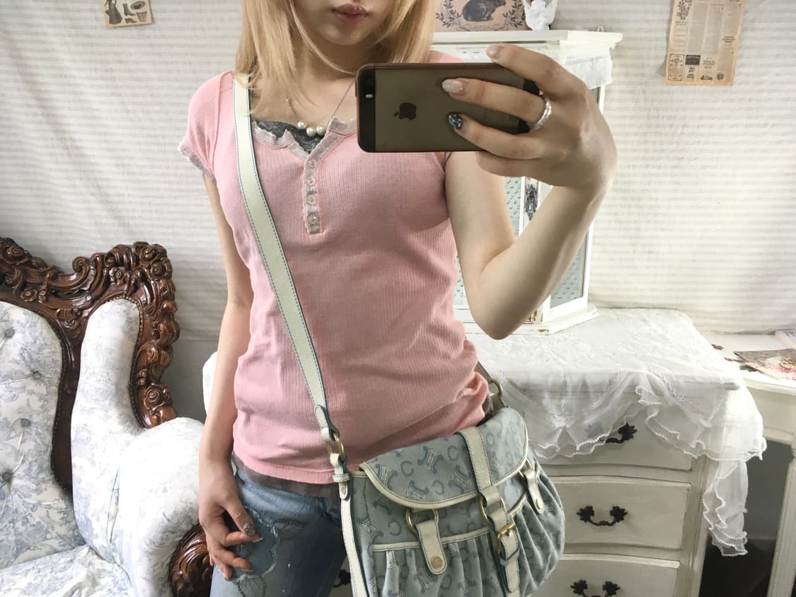 일본빈티지 히메 핑크 슬림 반팔 티셔츠 상품이미지1