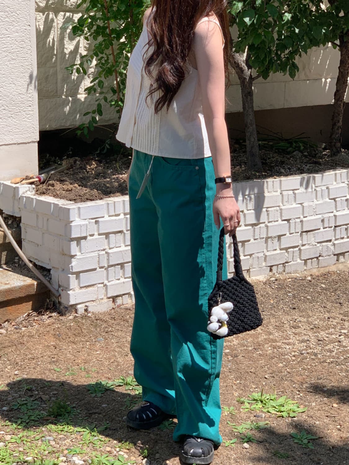 어베인 그린 코튼 와이드팬츠 면바지 상품이미지3