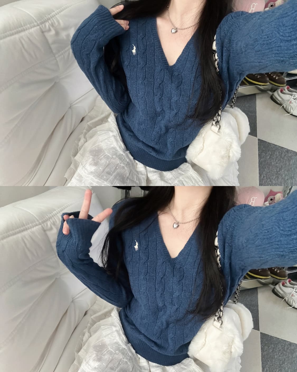 폴로 랄프로렌 뮤트블루 울 캐시미어 V넥 케이블 니트  상품이미지1