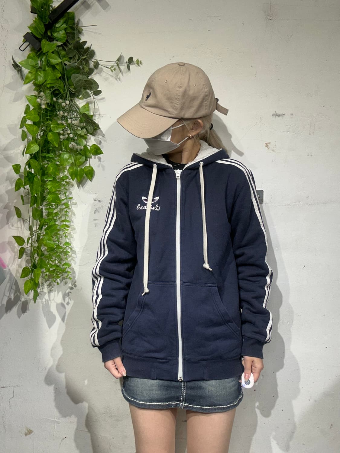 아디다스 네이비 화이트 삼선 내피 후리스 기모 후드집업 자켓 85 상품이미지2