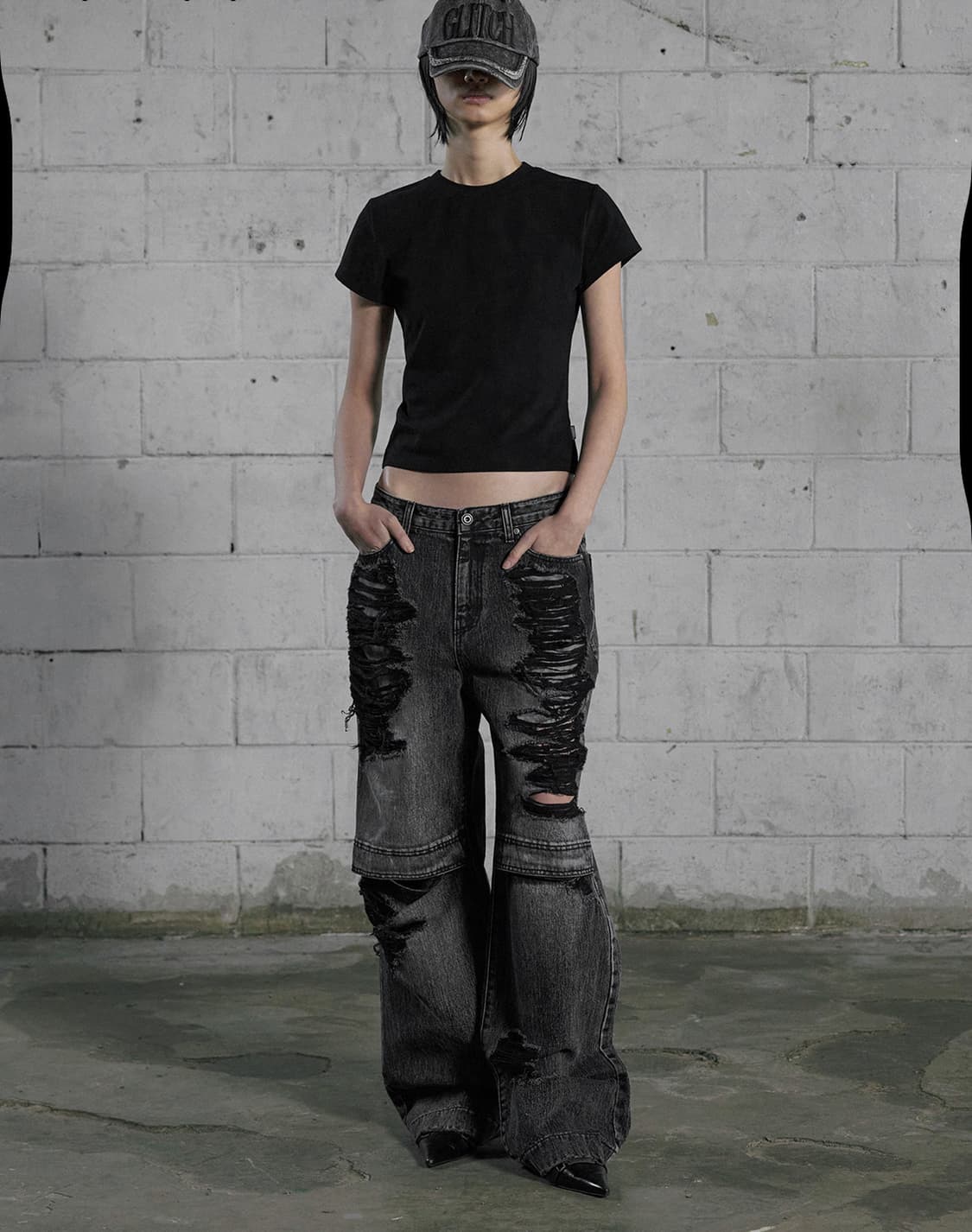 보헤미안서울 Knee open Ripped Wide Jeans gray 상품이미지5