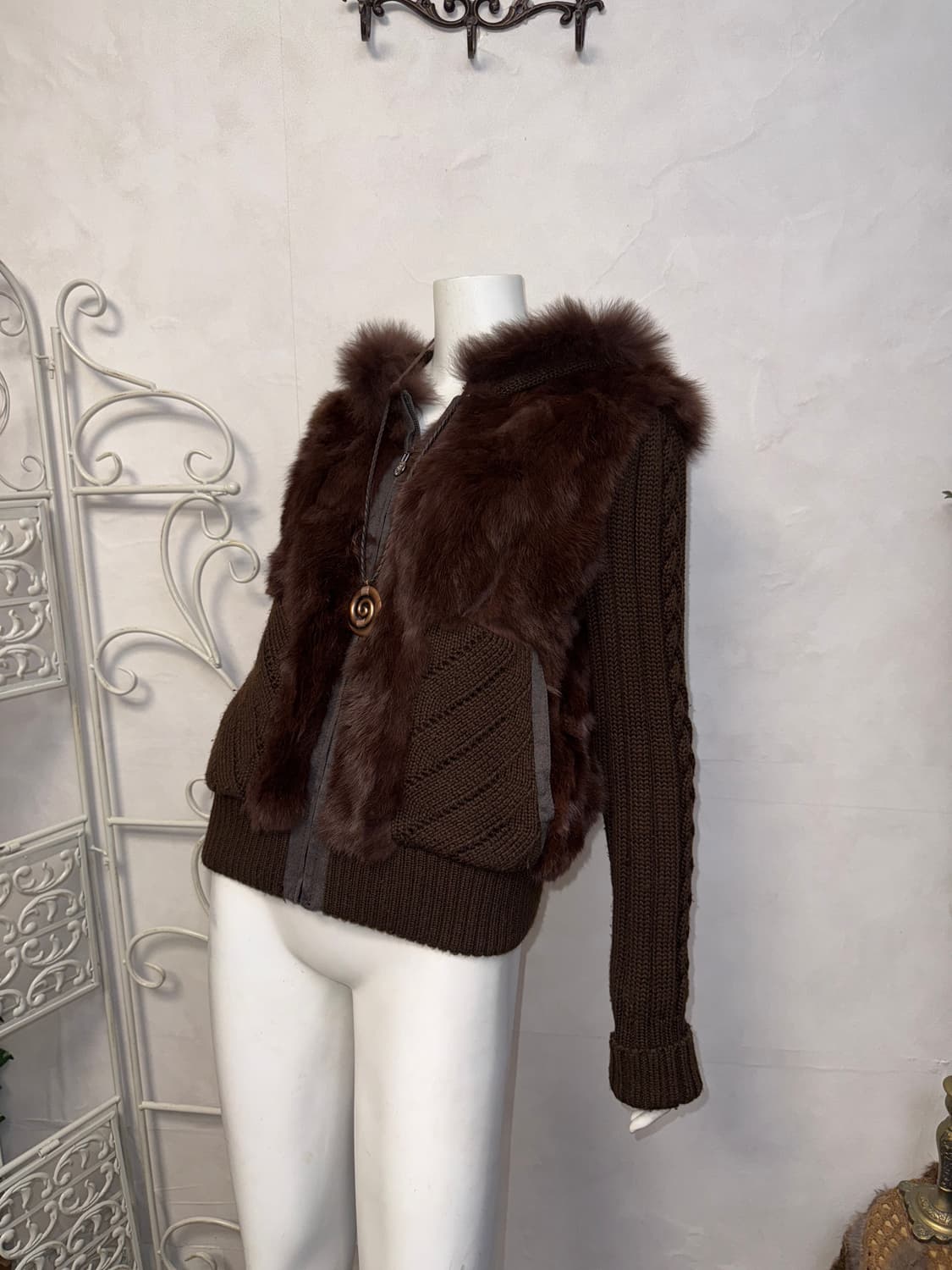 Dark brown rabbit&fox fur knit 후드집업 상품이미지5