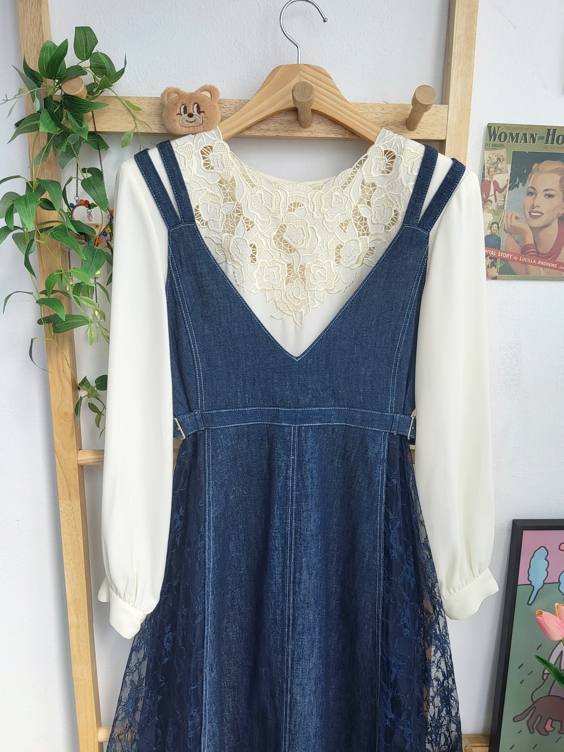 레이스 데님 멜빵 롱스커트 상품이미지3