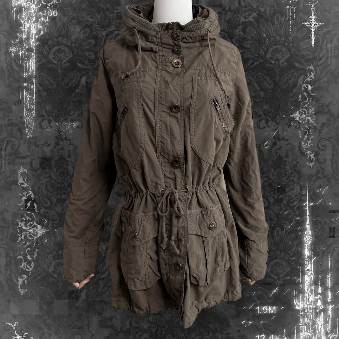 (이체시에눌) 일본 카키 브라운 크롬하츠깔 단추 포인트 야상 후드 자켓  상품이미지1