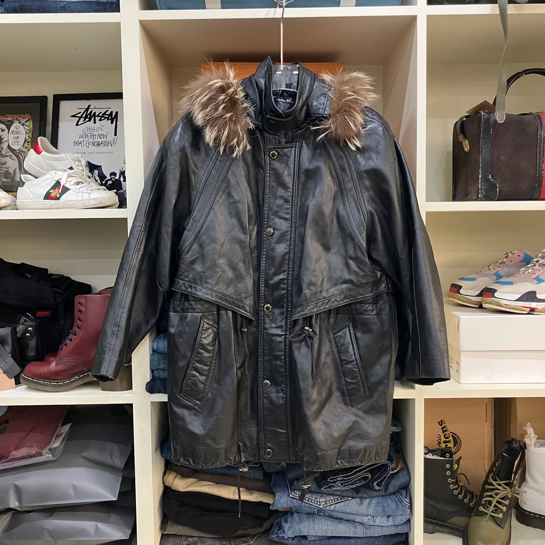 VTG 빈티지 블랙 후드 레더 코트 M 상품이미지1