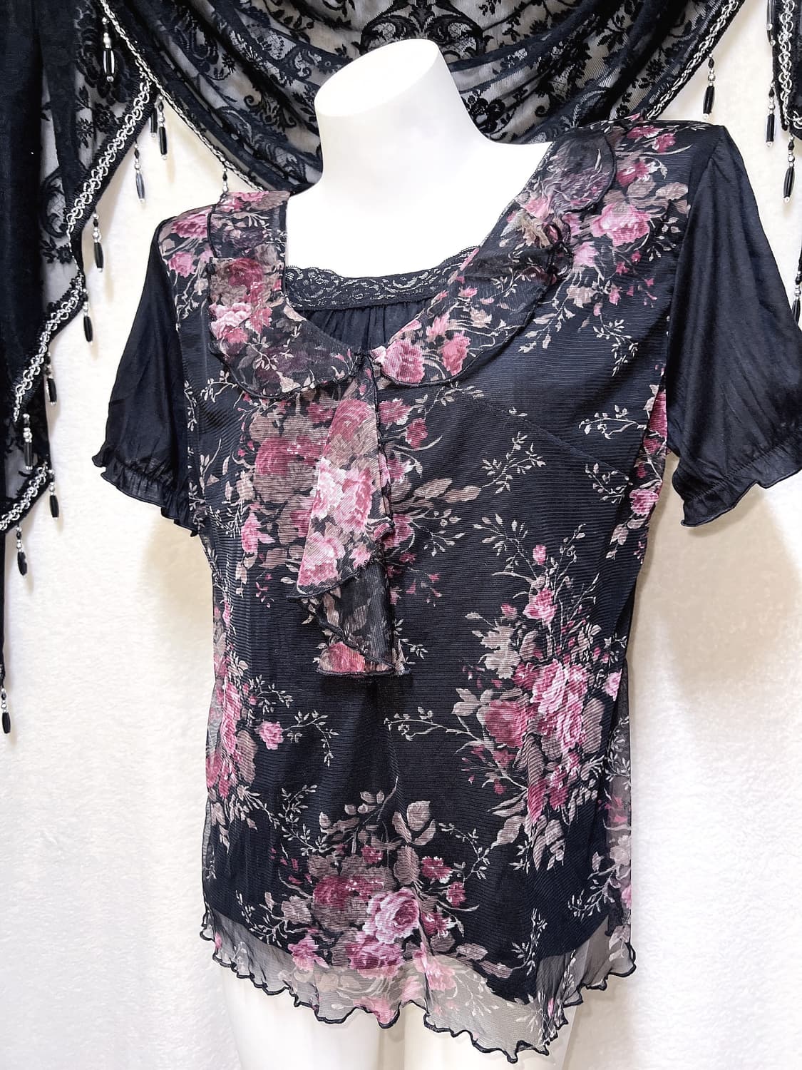 로맨틱고딕 오리엔탈 다크페어리 플라워 레이스 반팔탑 히메카지 갸루 핀터 상품이미지5