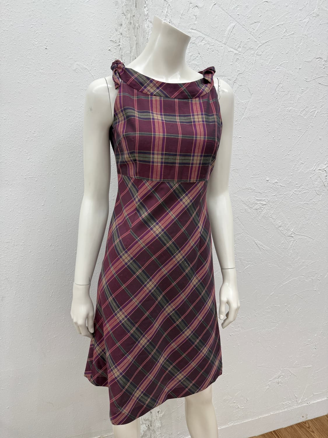 빈티지 핑크 체크 리본 미디 원피스 상품이미지2