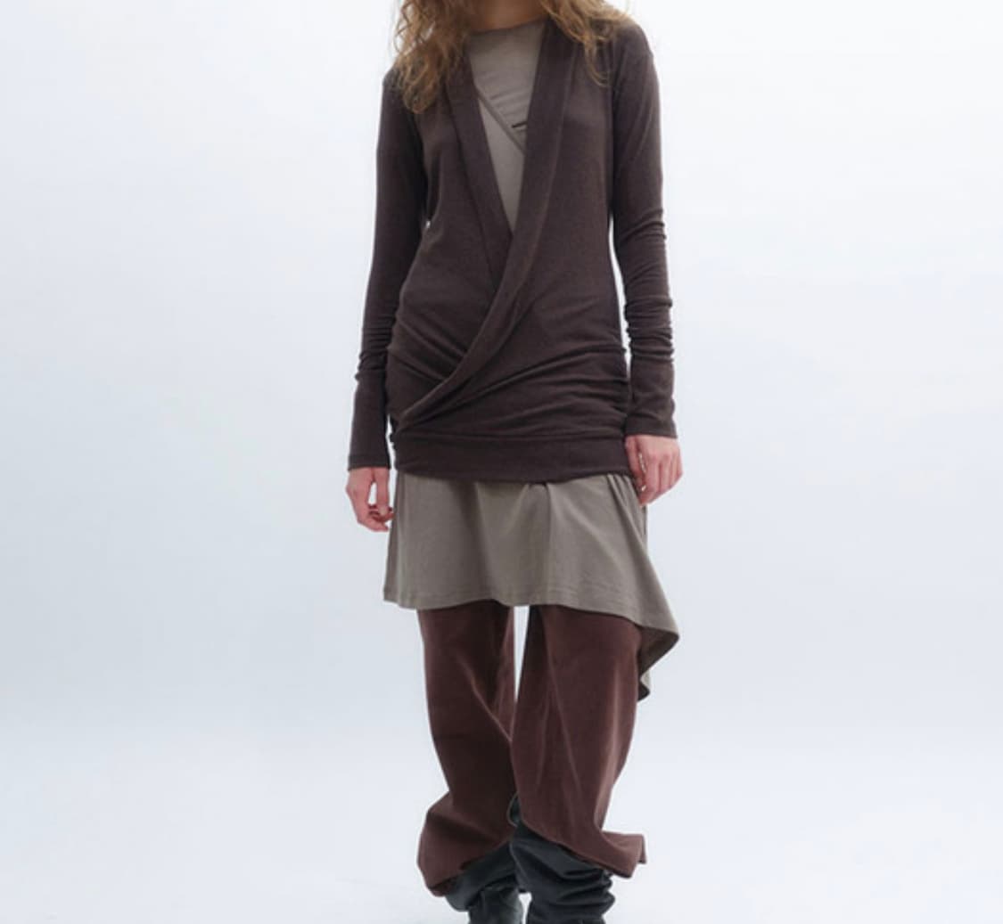 REPOS) V NECK SHAWL T-SHIRTS (BROWN) 상품이미지2