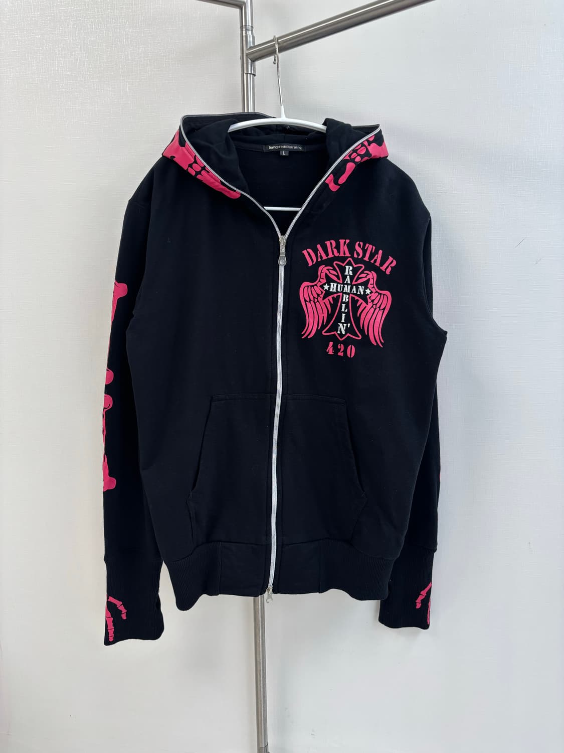 dangerous warning 핫핑크 갸루 펑크 스켈레톤 후드집업 상품이미지2