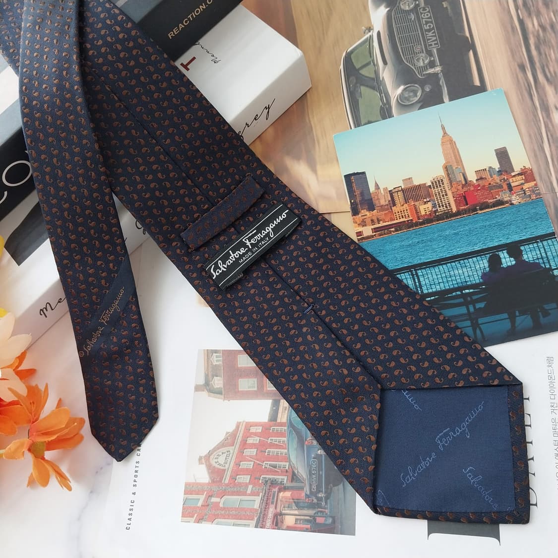 살바토레 페라가모 네이비 패턴 넥타이 9.6cm S~A+등급 K2729 상품이미지5