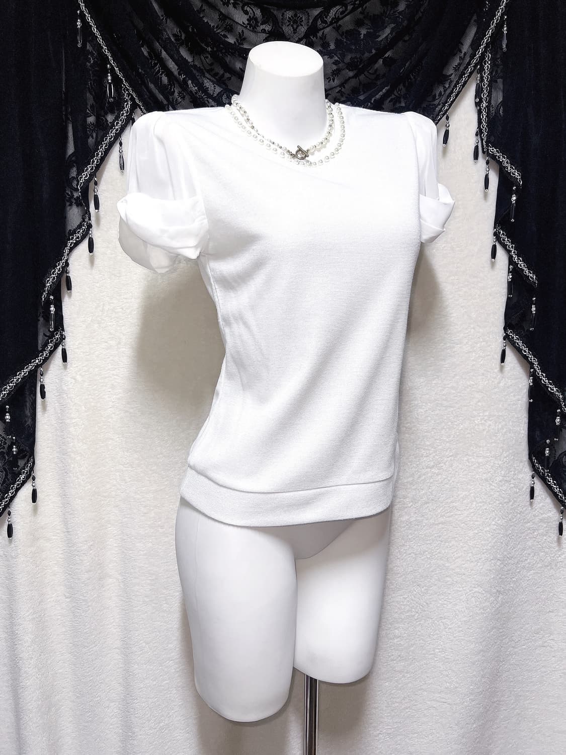 로맨틱갸루 히메 페미닌 진주 화이트 퍼프리본 반팔 로걀탑 핀터 러블리 상품이미지3