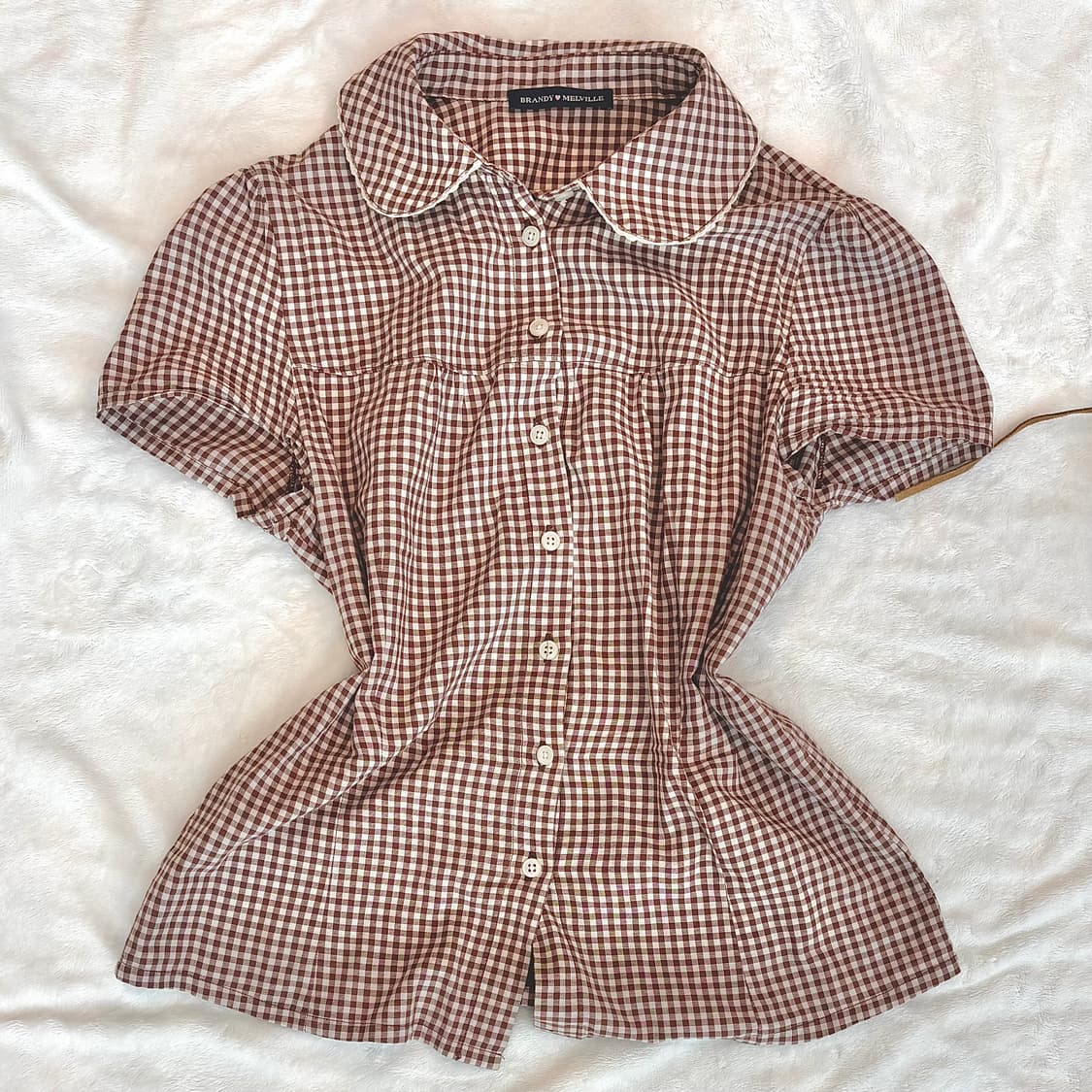 브랜디멜빌 브라운 체크 둥근레이스 카라 블라우스 상품이미지1