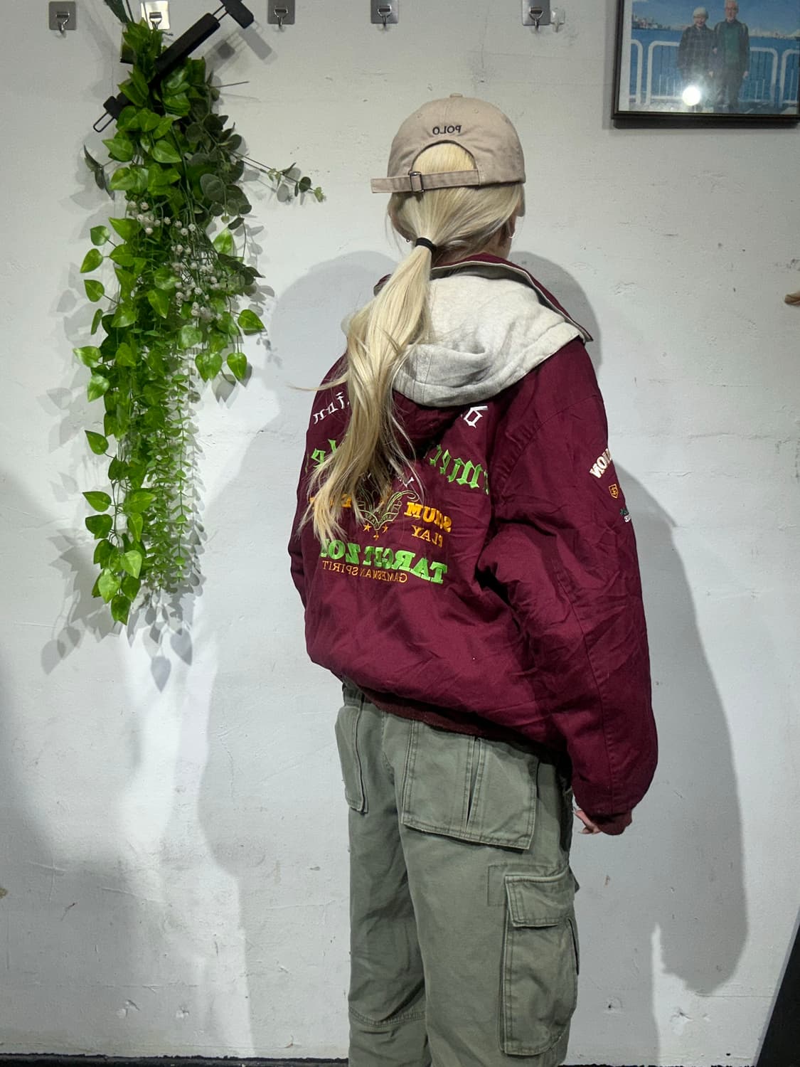 일본 빈티지 버건디 베이지 리버시블 양면 후드 점퍼 자수 자켓 잠바  상품이미지3