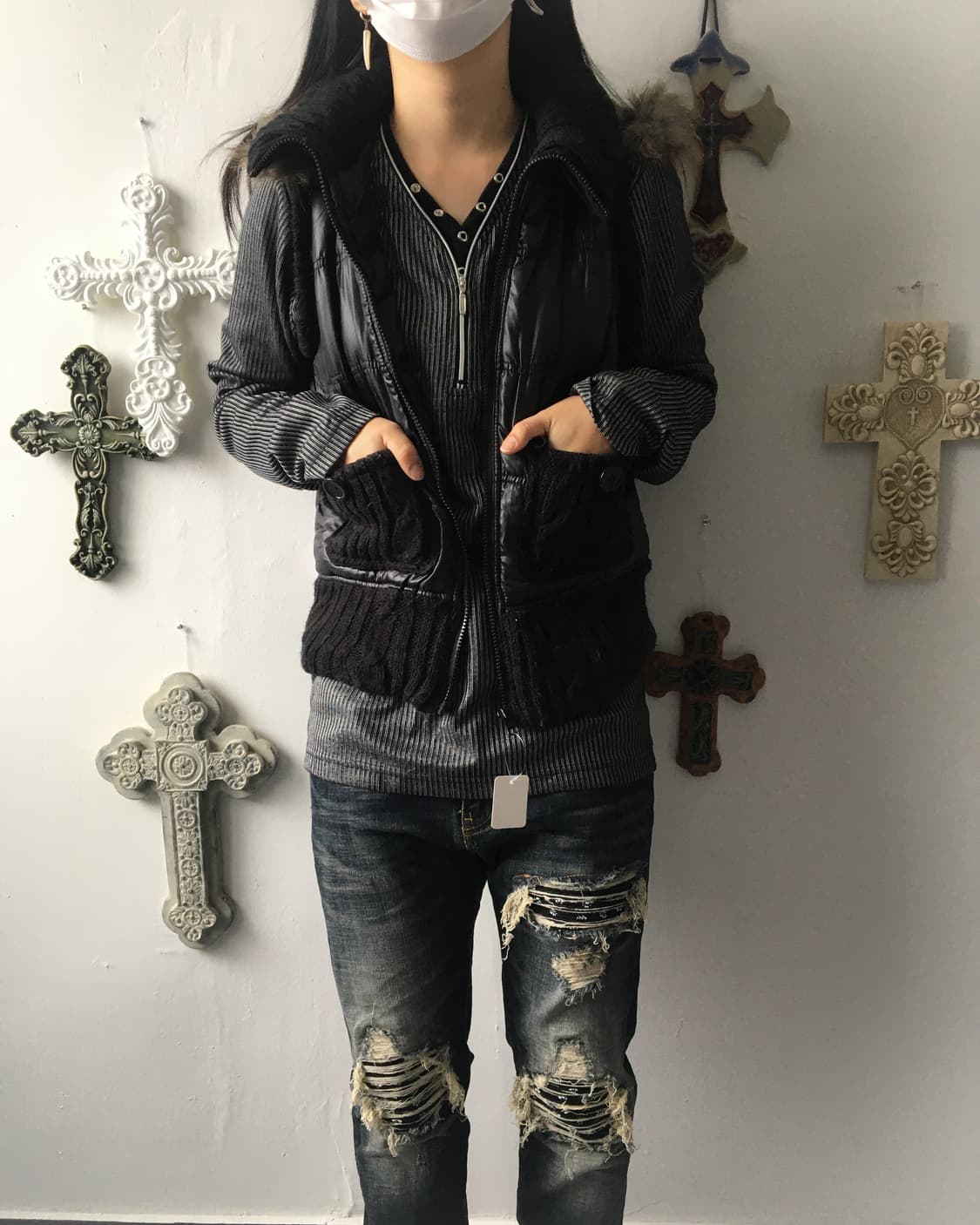 Fake fur hood high neck vest 상품이미지9