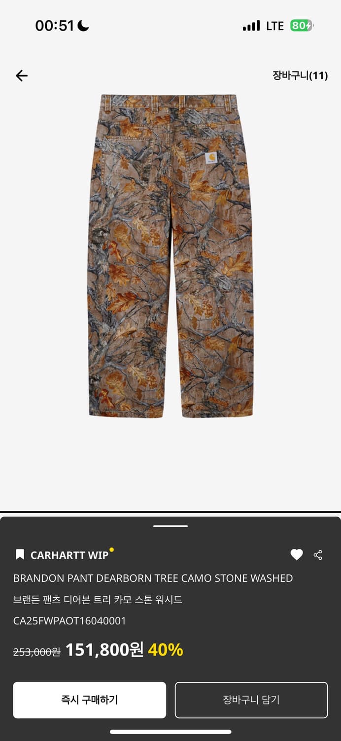 칼하트wip 브랜든 팬츠 리얼 카모 트리 L 상품이미지1