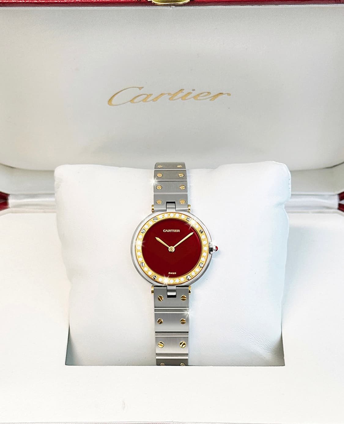 까르띠에 산토스 희귀 와인 다이얼 여성용 콤비 다이아 시계 상품이미지4