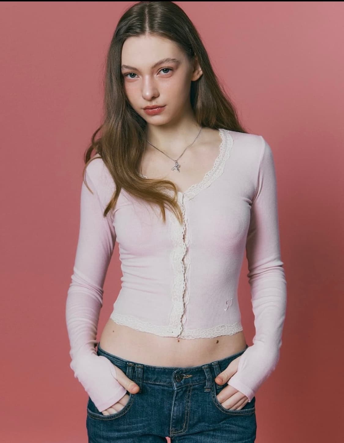 밀라 레이스 롱슬리브 탑 핑크 상품이미지1