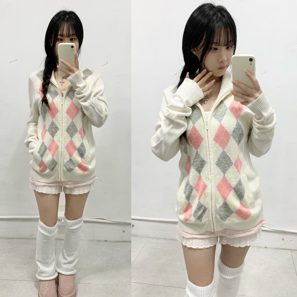 [OPST] 로걀 핑크 그레이 로걀 니트 집업 상품이미지1