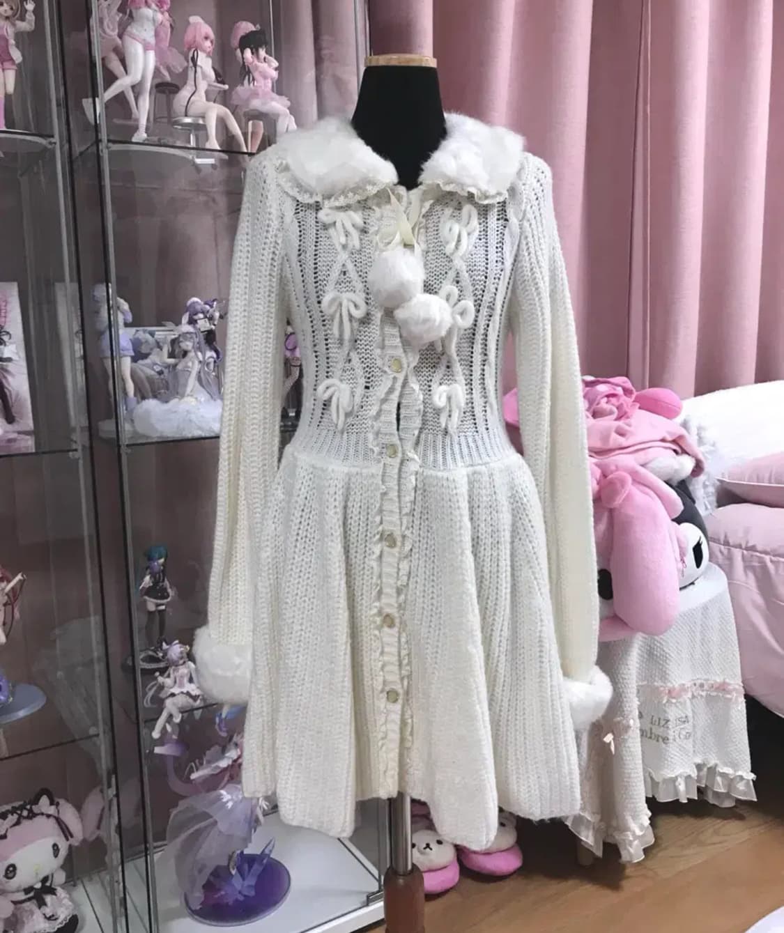 리즈리사 아이보리 퍼 니트 가디건 원피스 폼폼이 달천깔 히메갸루 라떼갸루 상품이미지3