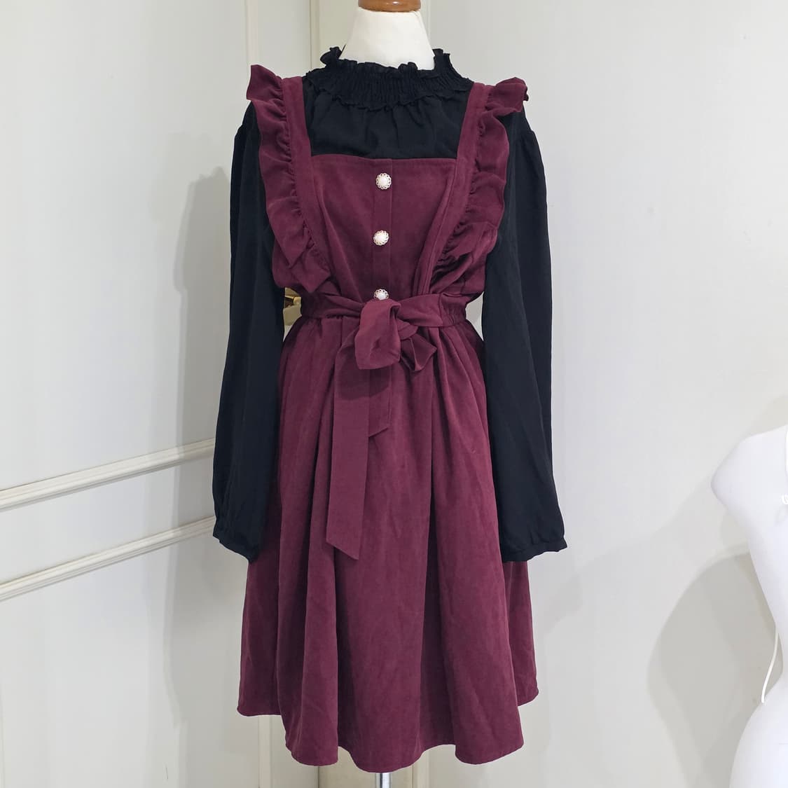 일본빈티지)빅사이즈지뢰계st 버건디 레이어드 프릴리본 고딕로리타풍 원피스 상품이미지2