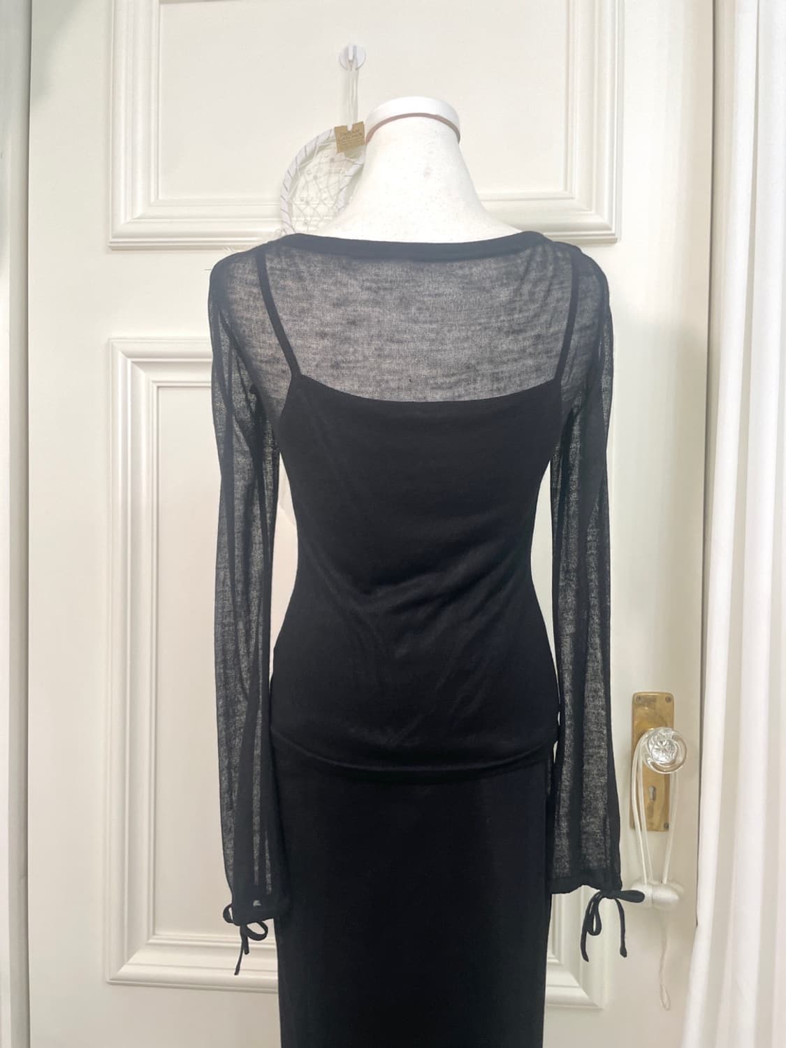 black sheer shirring bow top&skirt set 상품이미지4