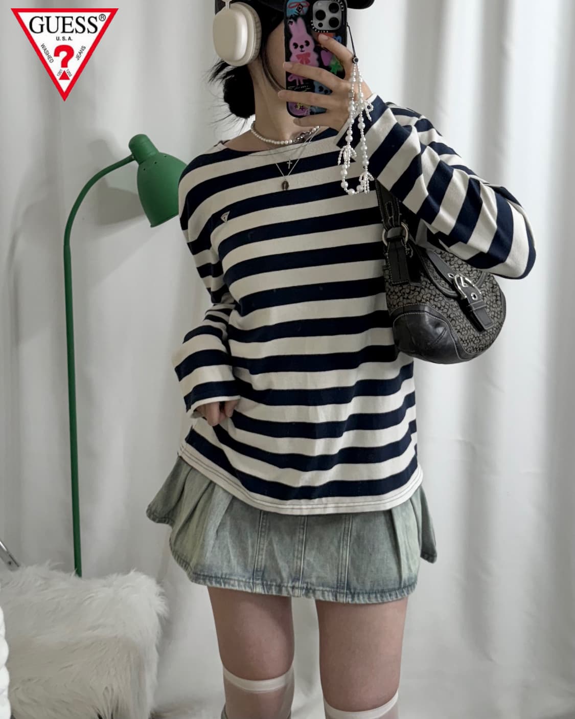 게스 네이비 & 화이트 스트라이프 롱 슬리브 티셔츠  상품이미지1