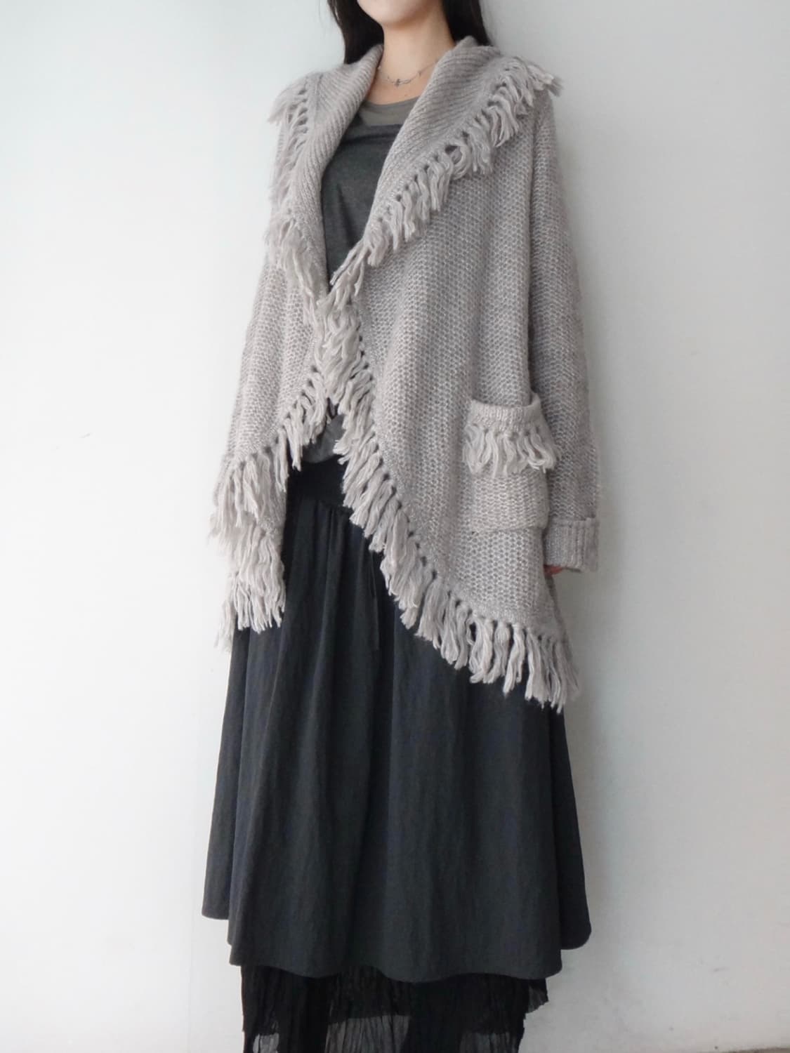 Grunge tassel alpaca cardigan / grey 상품이미지7