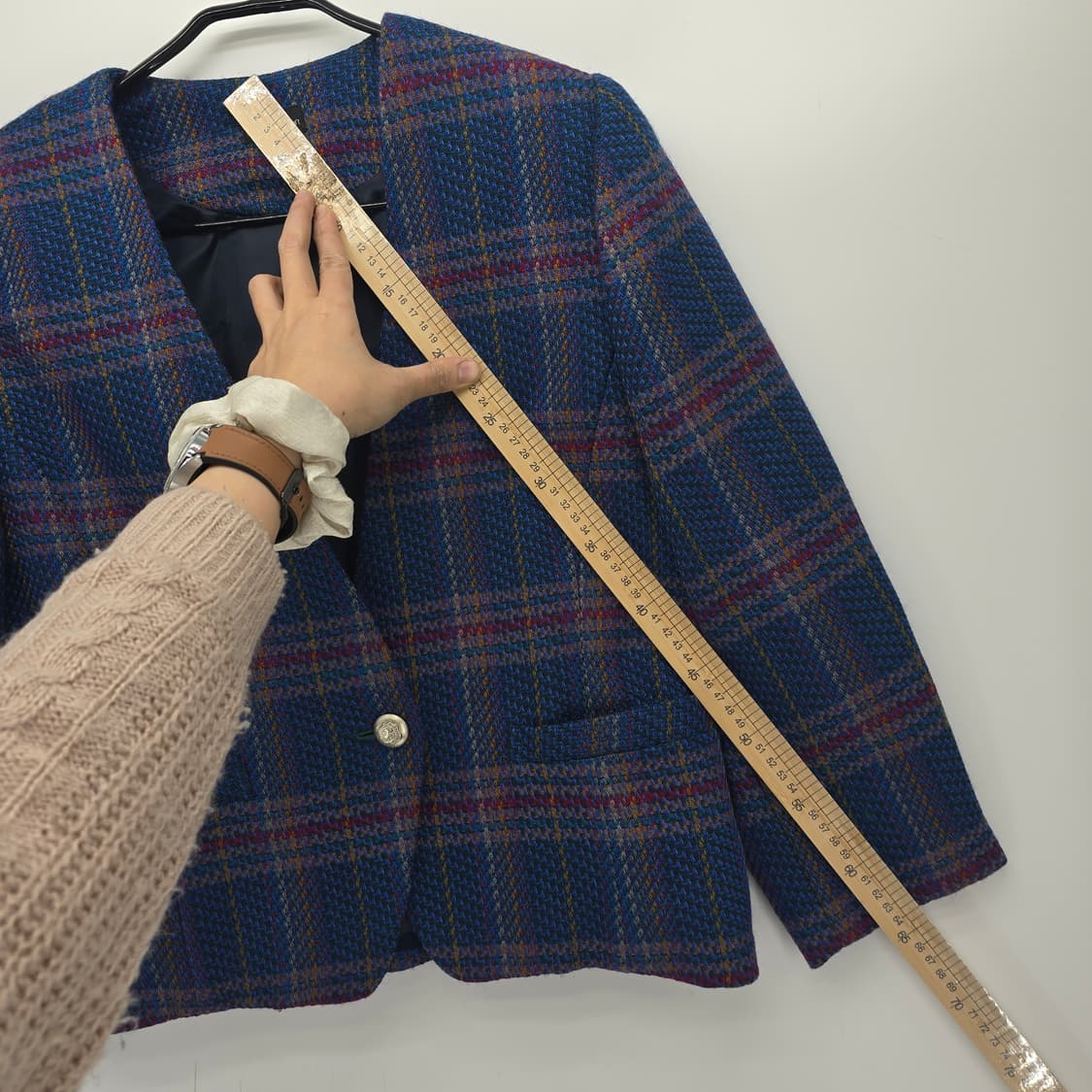 일본 빈티지 여성용 체크 트위드 울 자켓 상품이미지5