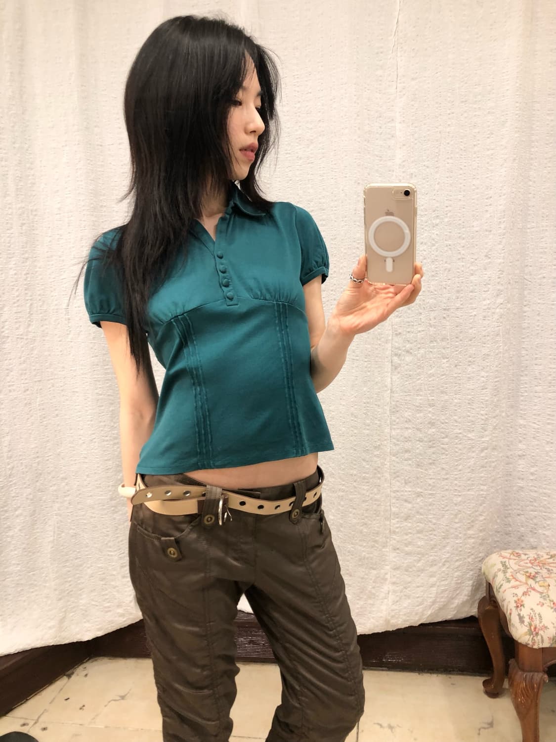 retro teal button top 상품이미지1