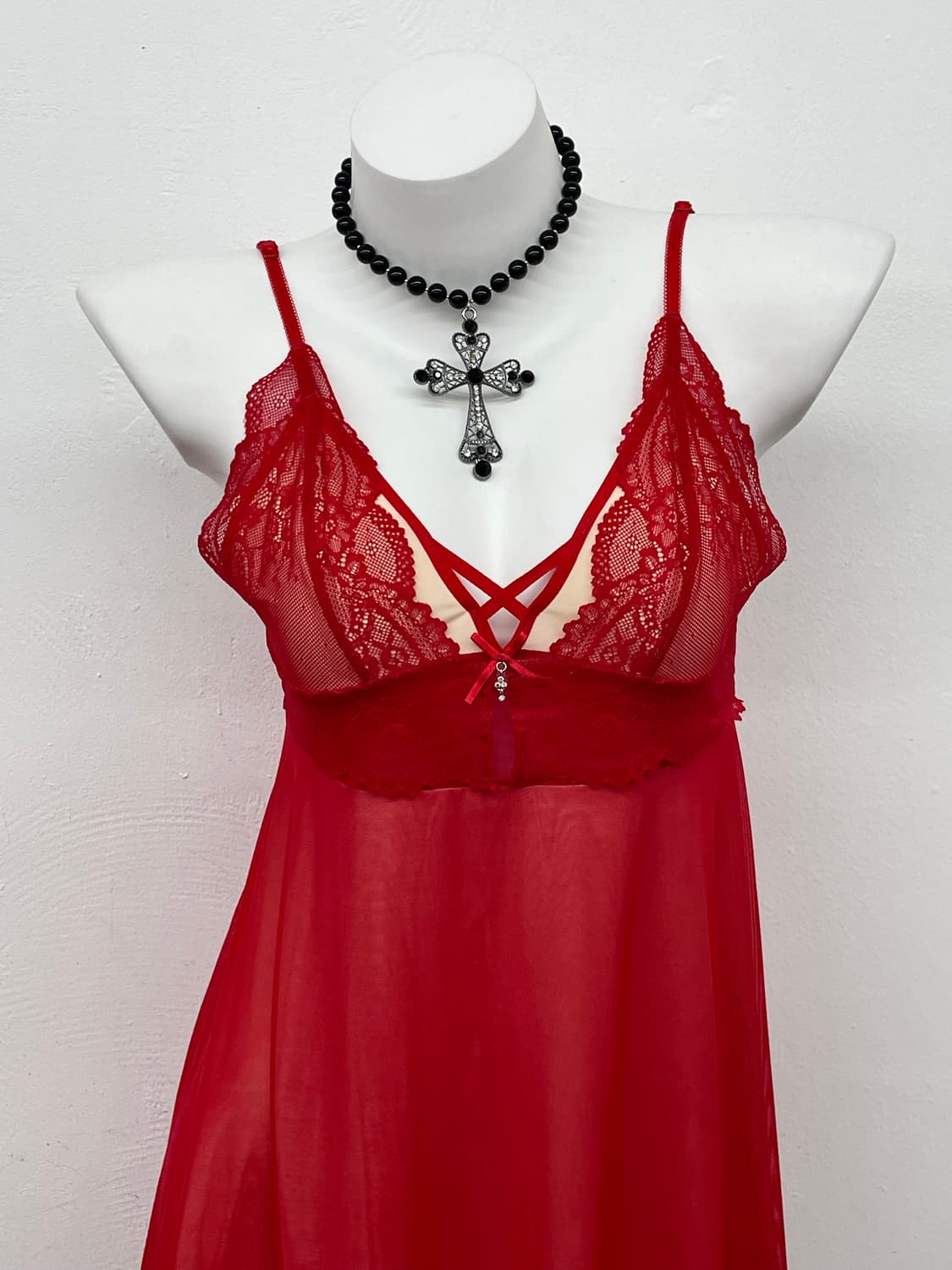 레드 자수 메쉬 슬립 상품이미지2