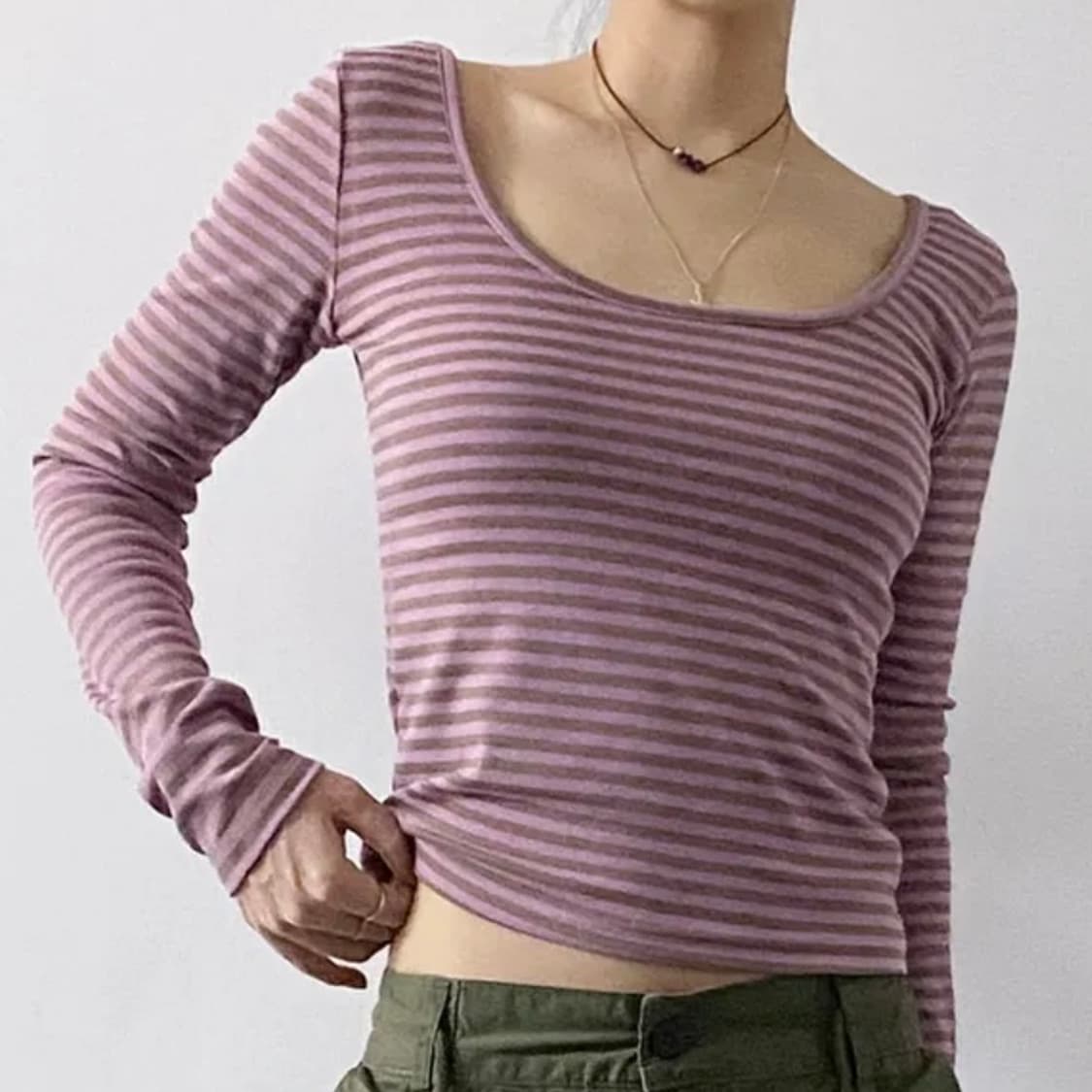 스트라이프 유넥 티셔츠 (빈티지 단가라 핑크 긴팔 딥 u넥 보세 에이블리 상품이미지2