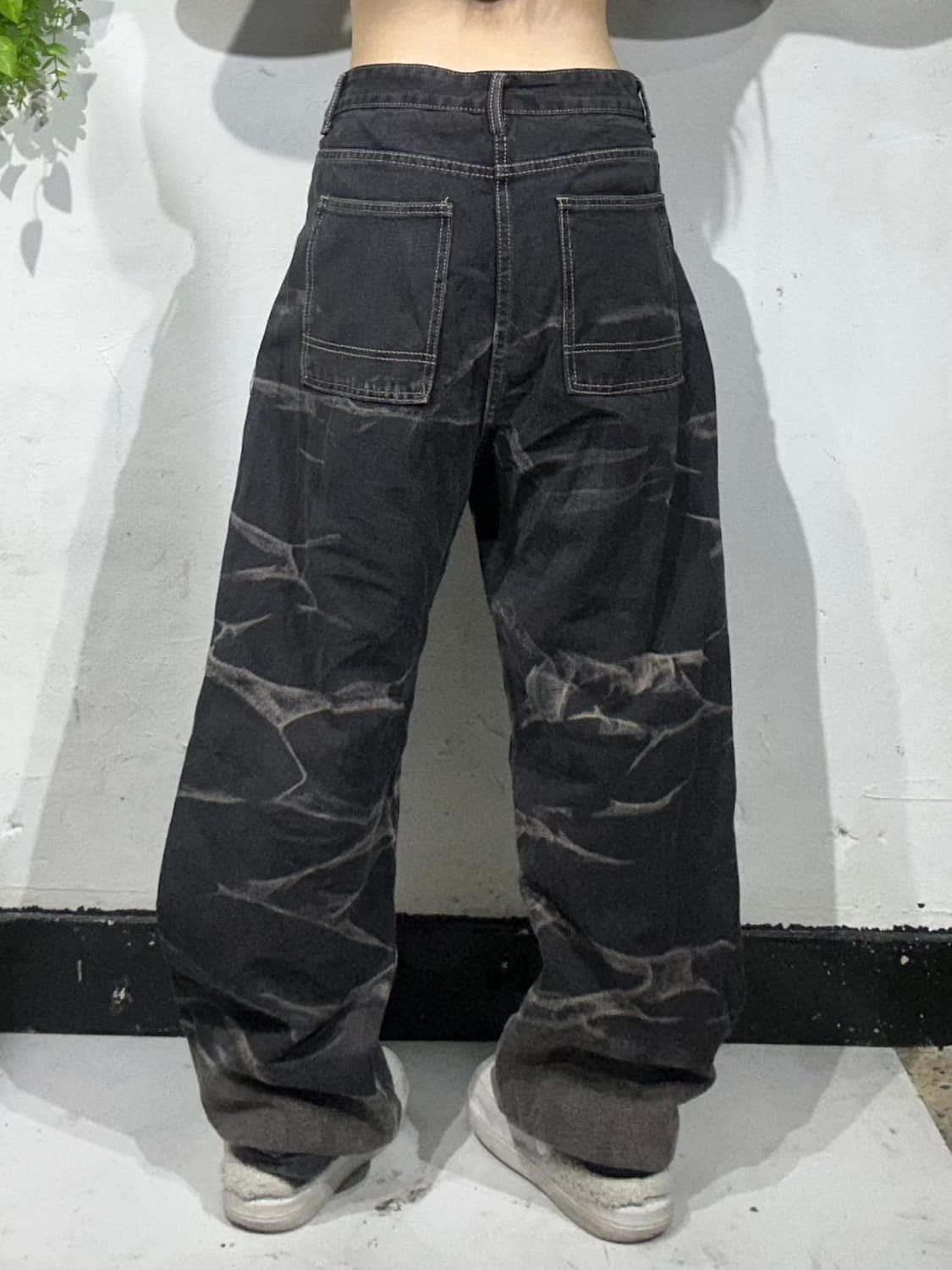 일본 빈티지 패턴 워싱 와이드 스트릿 와이드 흑청 데님 청바지  상품이미지3
