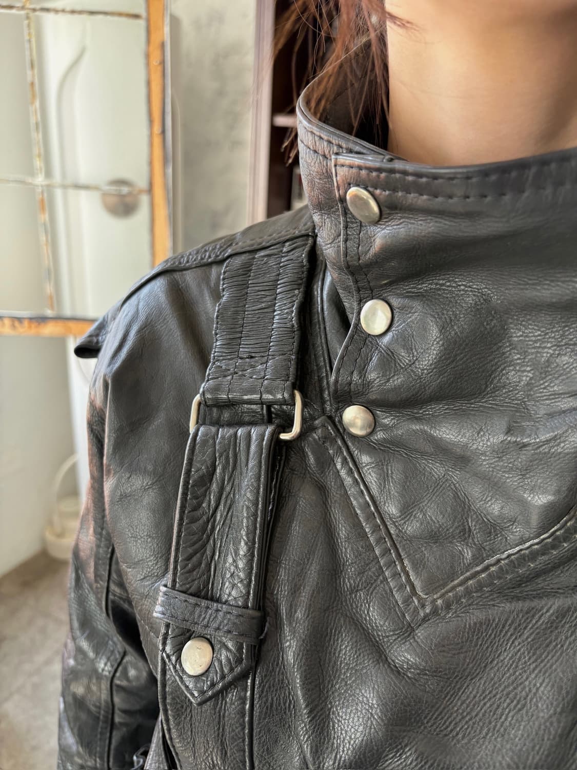 하네스 디테일 바이커 레더 자켓 상품이미지8