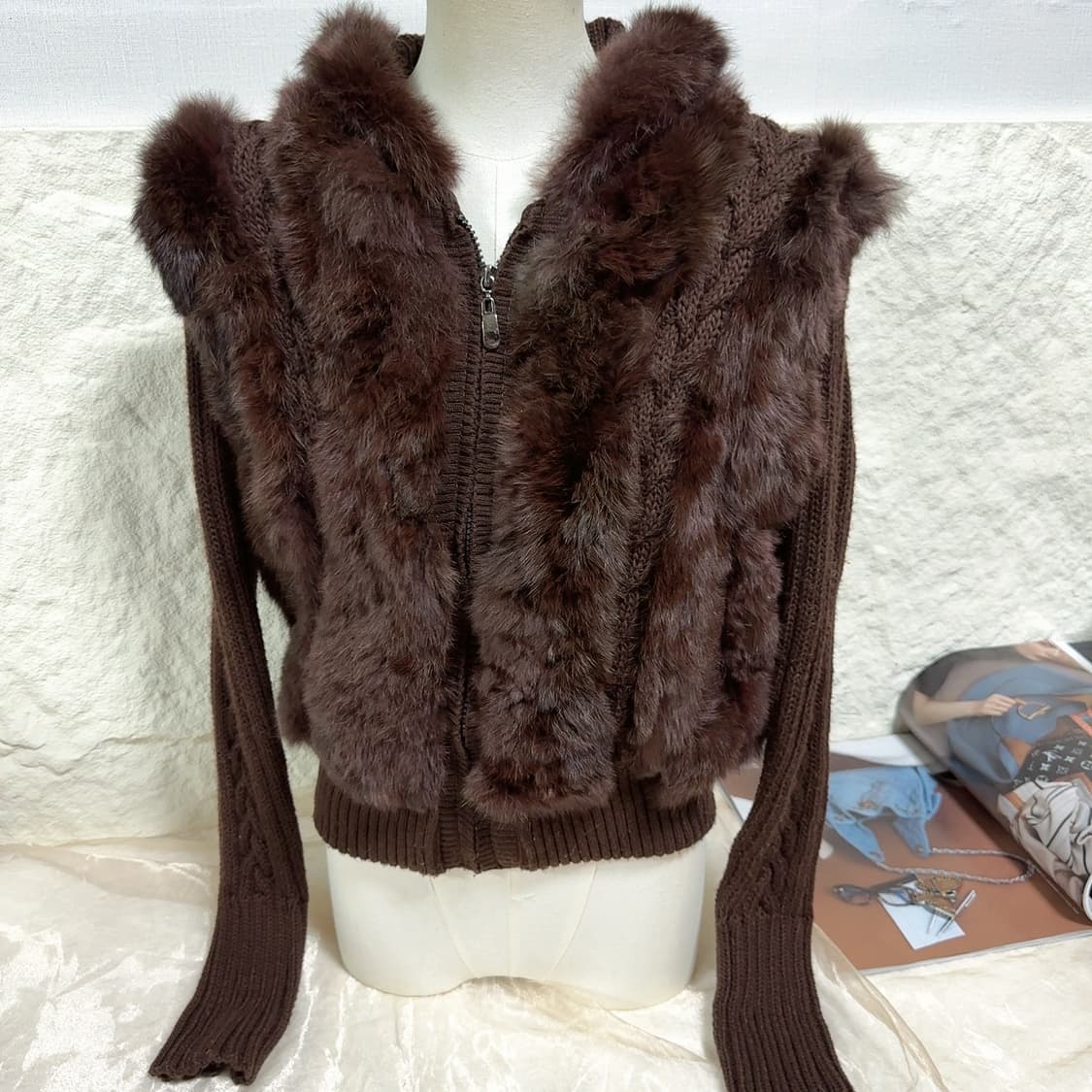 빈티지 초콜릿 브라운 여우털 후드 토끼털 꽈배기 니트자켓 후드집업 상품이미지1