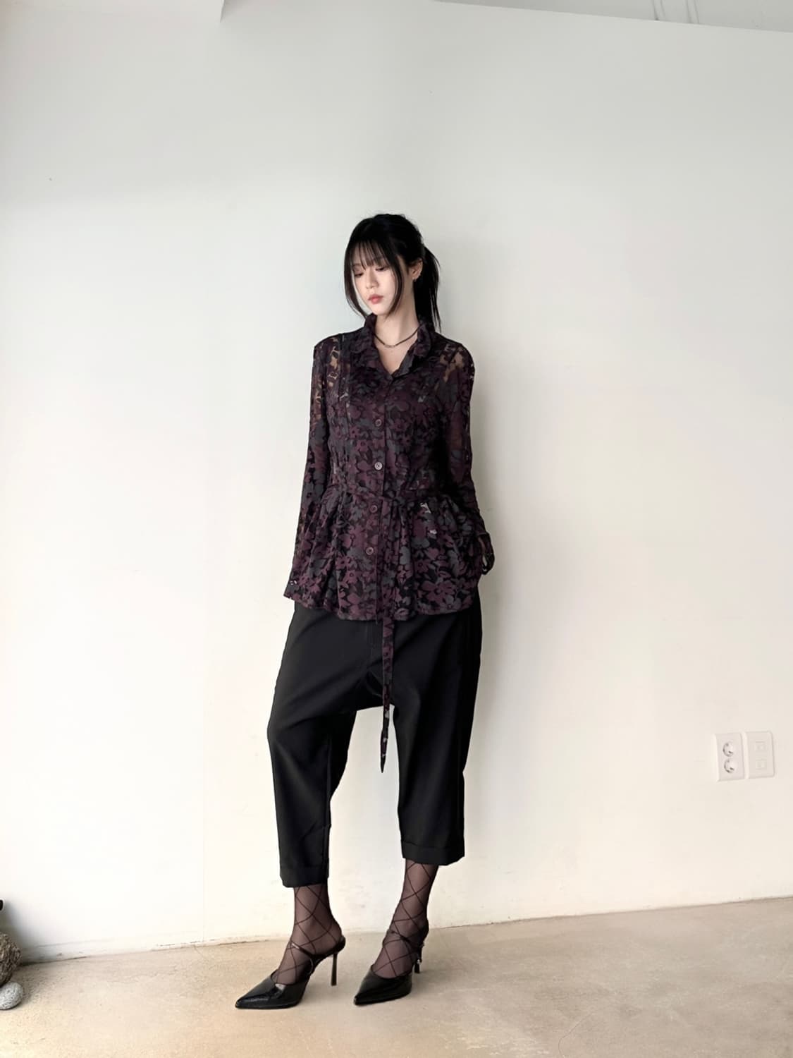 Jacquard string shirt / purple brown 상품이미지1