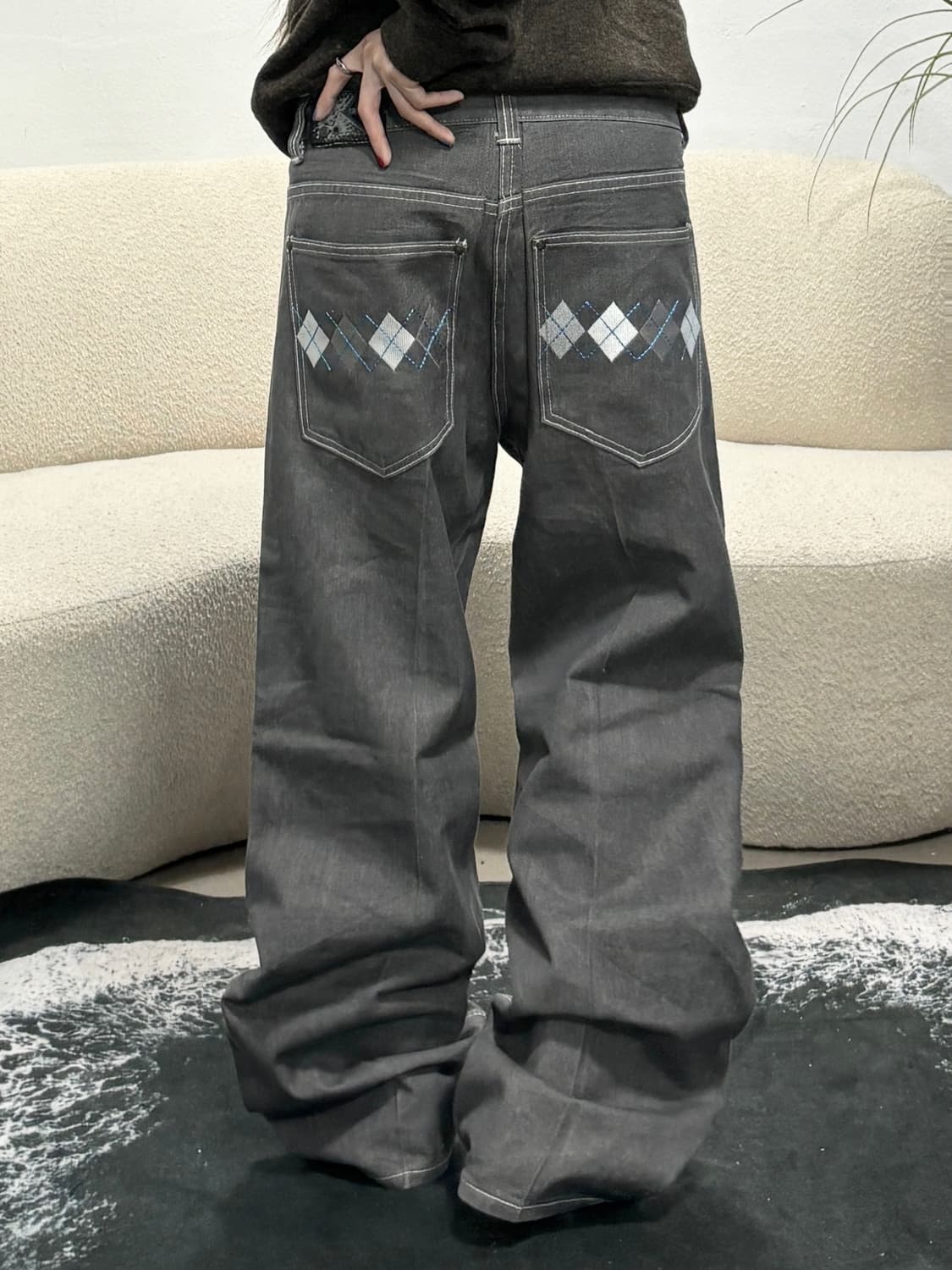 90s 빈티지 아가일 포켓 초와이드 데님 팬츠 상품이미지1